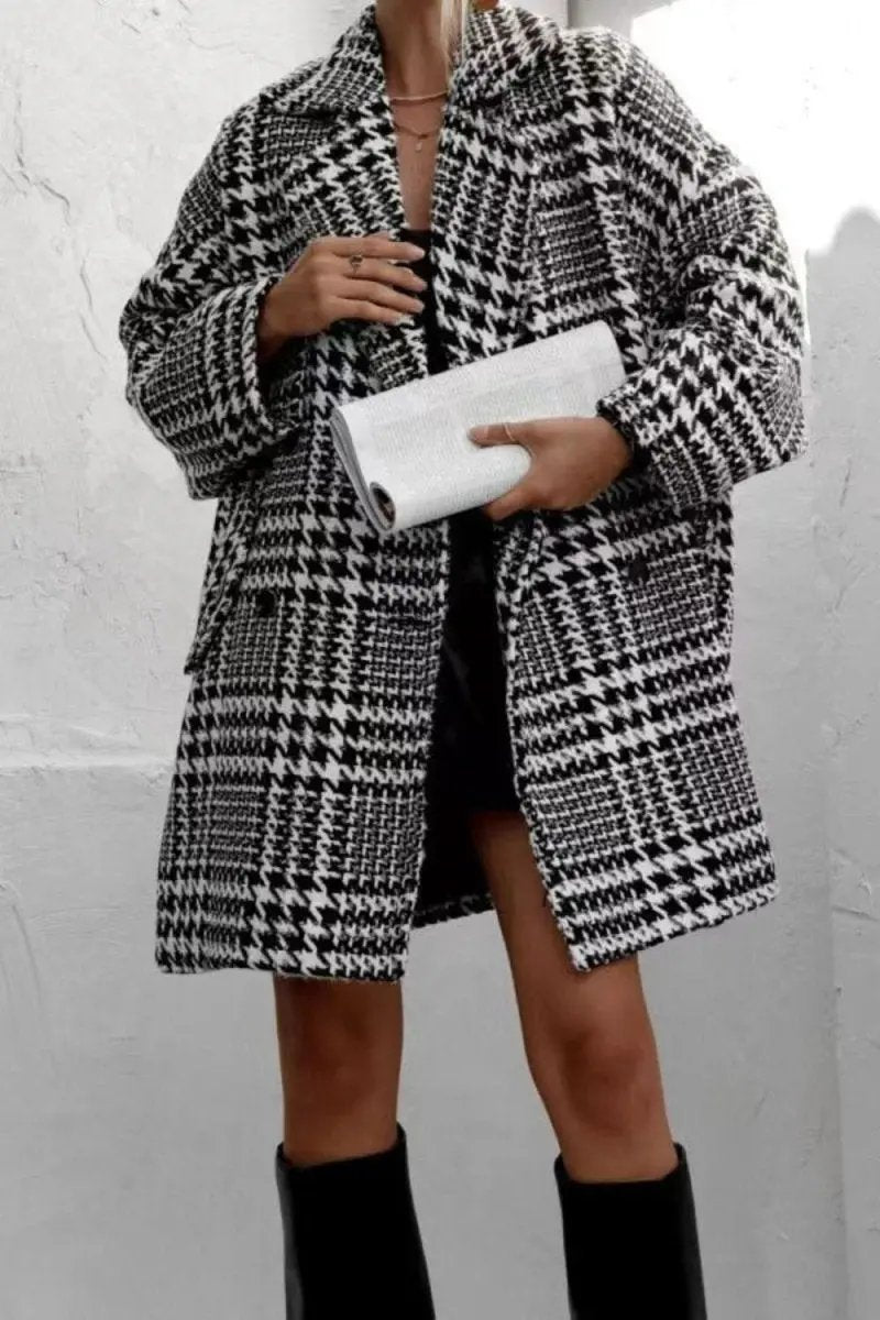 Houndstooth Collared Neck Long Sleeve Coat with Pockets - Love Salve